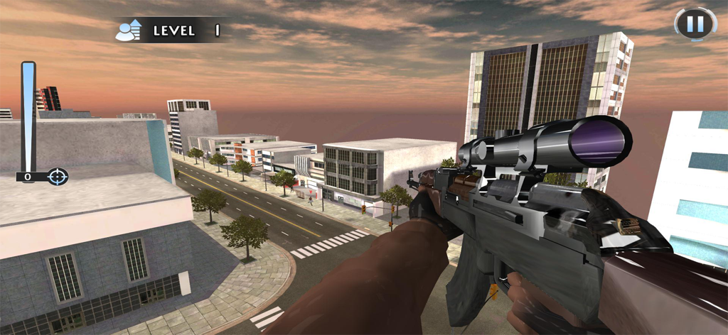 Sniper Shooter Soldier Strike - First person view of a sniper rifle aiming from a rooftop over a city street