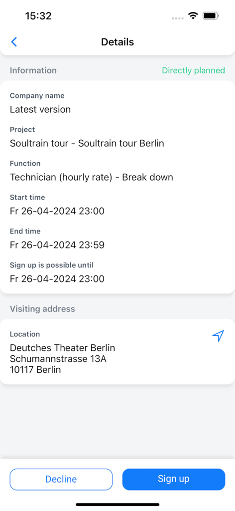 Work management screen showing project details and a job invitation with sign up and decline buttons