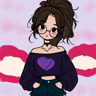 girl with a messy ponytail glasses a baggy crop top and jean shorts