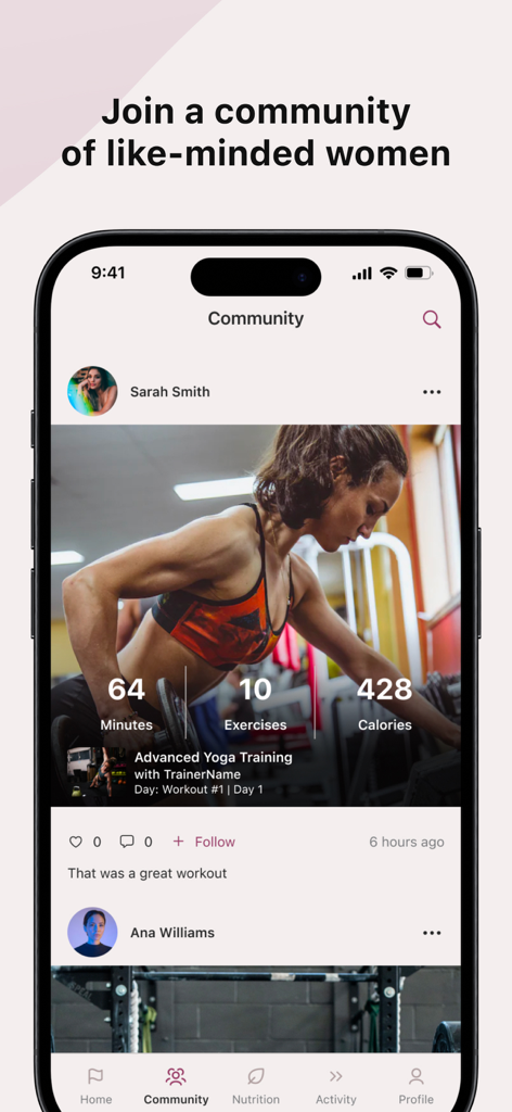 Athli app community feed showing fitness progress shared by women