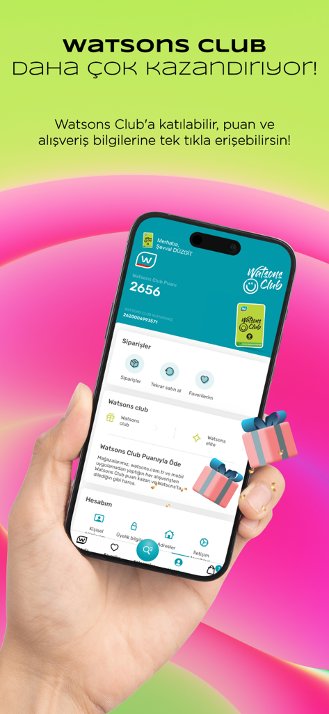 Bildschirm eines Mobiltelefons, der das Watsons Club Treueprämienprogramm mit Punkten und Mitgliedsdetails zeigt
