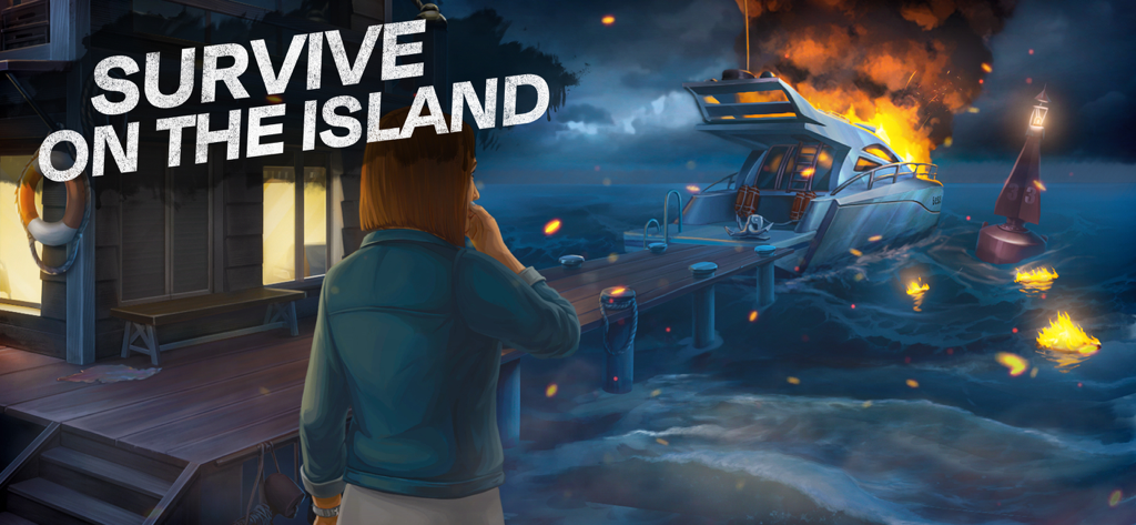 Protagonist Carla Page looks at a burning yacht from a dock on a mysterious island at night