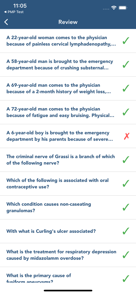 A list of USMLE Step 1 practice questions with checkmarks for correct answers and an X for incorrect ones.