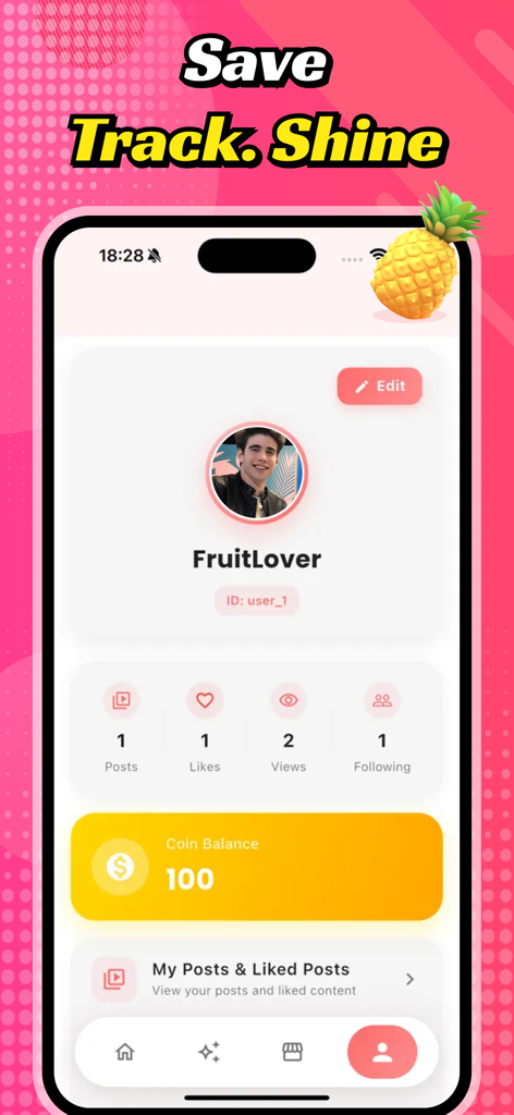 FOYO - Video - User profile screen of FOYO app showing account stats coin balance and personal posts for a user named FruitLover