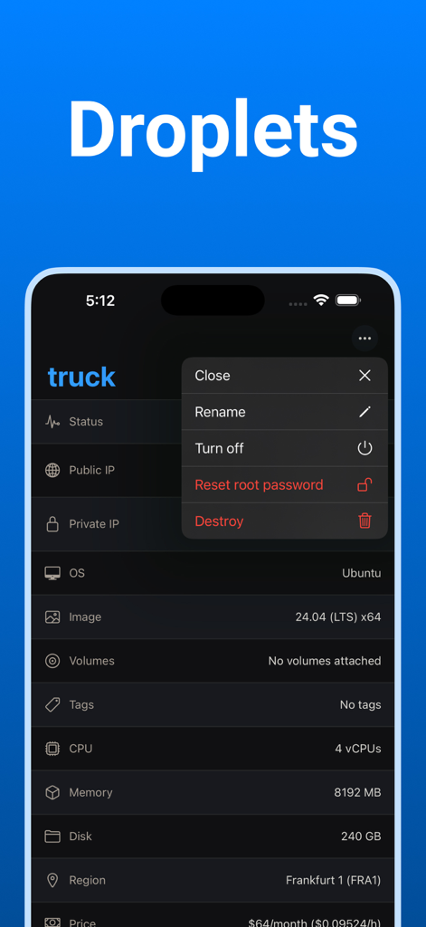 Digital Ocean Mobile — Ocean - Interface do aplicativo Digital Ocean Mobile para gerenciar droplets de servidor