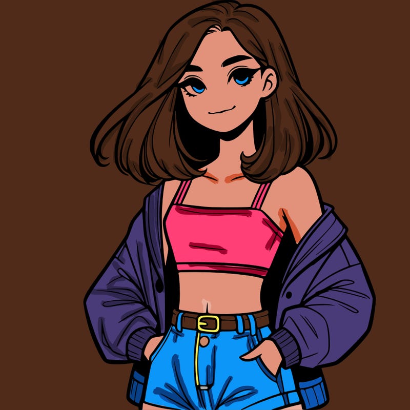 a realistic girl with a crop top and short shorts in an open jacket