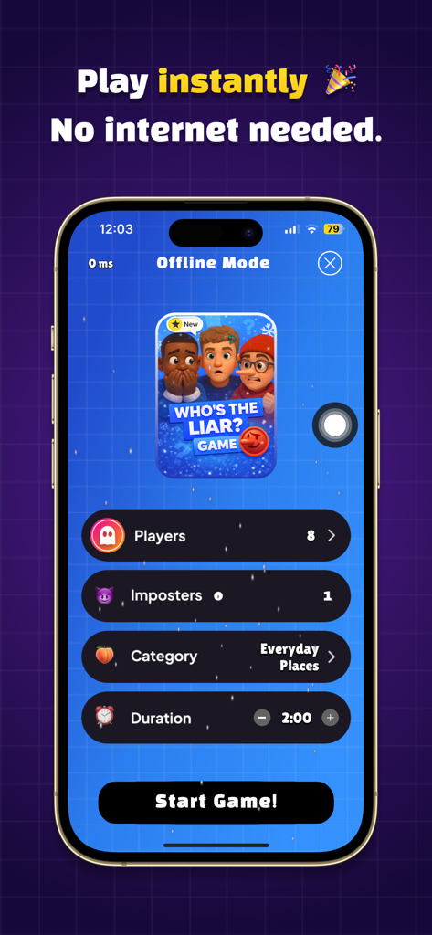 Pantalla de configuración para el juego Quién es el Mentiroso en la aplicación Imposter Party que muestra la configuración del modo sin conexión.