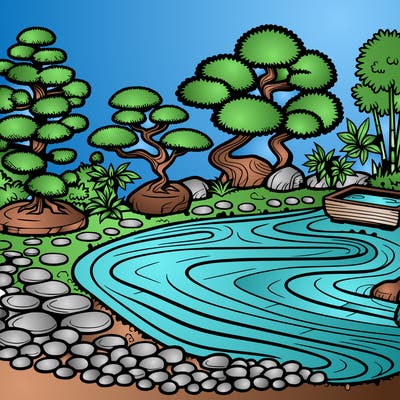 a serene zen garden with raked gravel, bonsai trees, and tranquil ponds