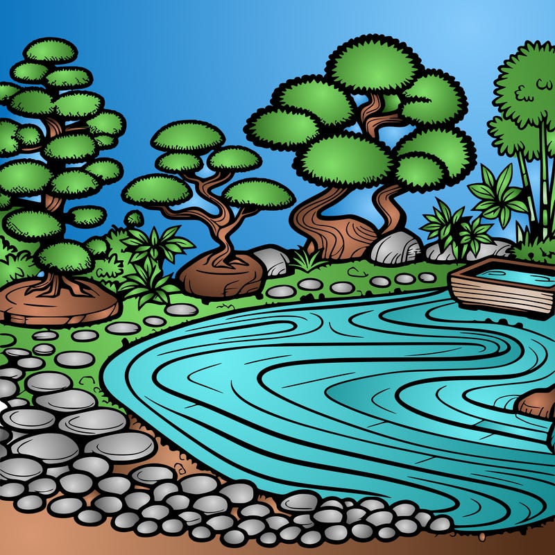 a serene zen garden with raked gravel, bonsai trees, and tranquil ponds