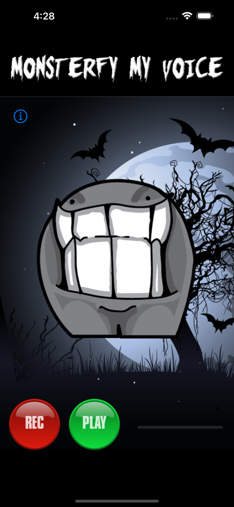Monsterfy My Voice - Tela principal do aplicativo Monsterfy My Voice mostrando um personagem monstro com botões de gravação e reprodução