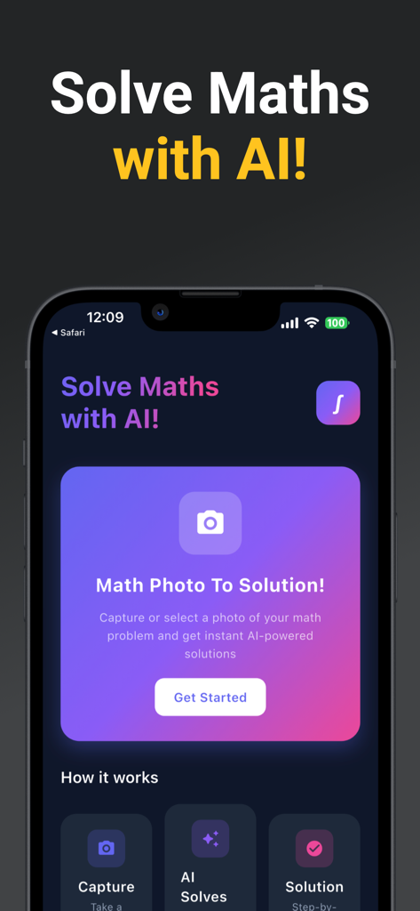 Math AI Calculator & Solver - Smartphone screen showing the Math AI Calculator app home interface with a button to solve math problems via photo.