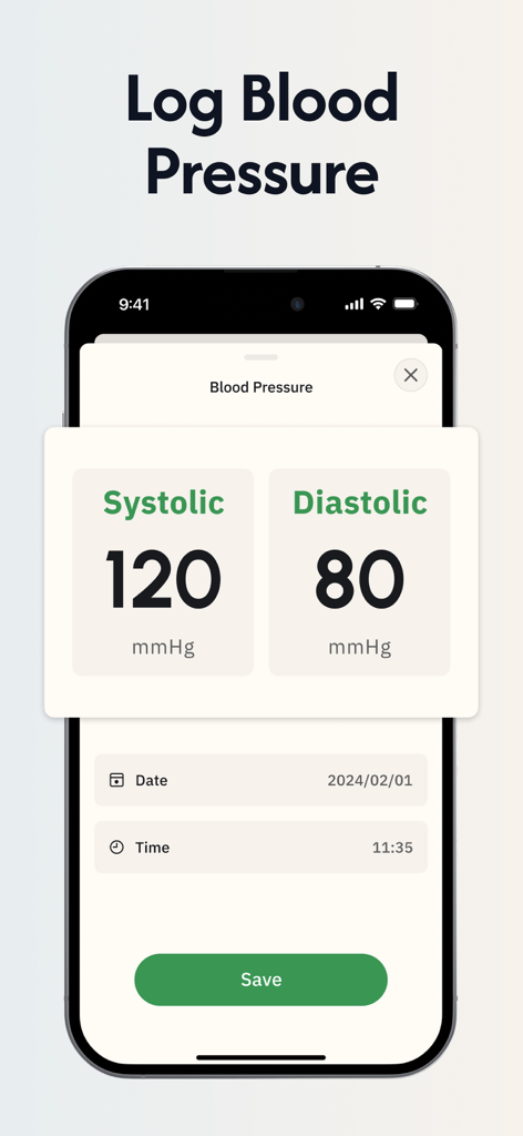 Daily Health - Healthy Routine - Smartphone screen showing a blood pressure logging interface with systolic and diastolic readings