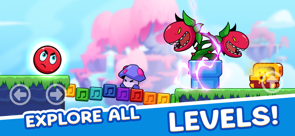 Ball W - Red Wonder Island - Red ball character in a colorful 2D platformer level with monsters and musical blocks
