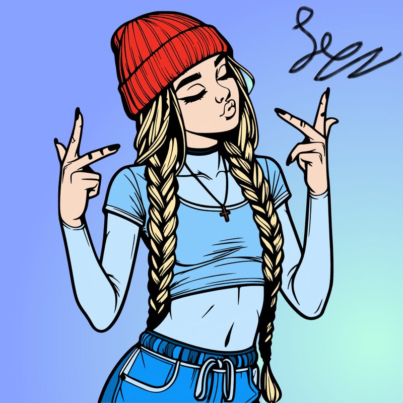 realistic teenage girl with braids and a beanie and crop top doing 🫶🏼