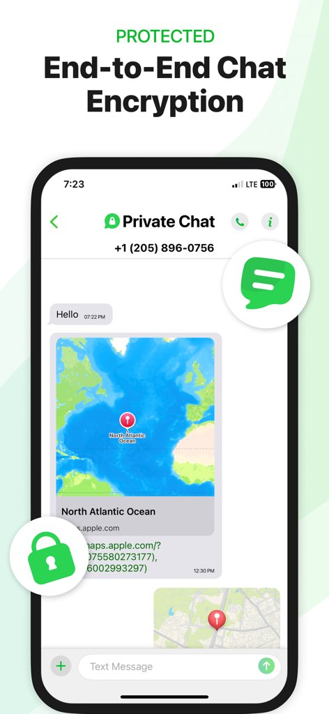 Call Second Phone Number, Text - Interfaz que muestra cifrado de chat de extremo a extremo para mensajes privados y uso compartido de ubicación