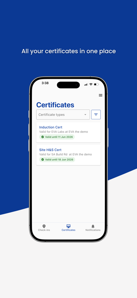 EVA Check-in | Visitor sign-in - The EVA Check-in app interface showing a list of digital induction and safety certificates on a mobile phone screen.