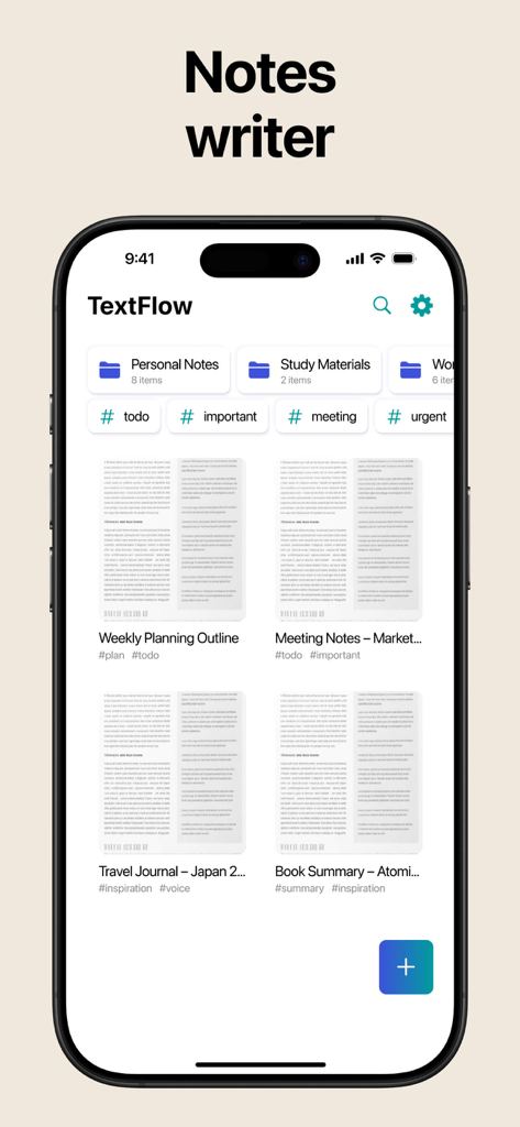 Notebook: Note Taking - Interface of a note-taking app showing folders tags and a grid of organized text notes