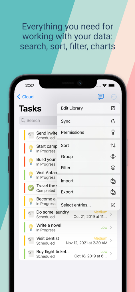 Memento Database - Memento Database app showing a tasks list with an open menu for sorting filtering and syncing data on an iPhone