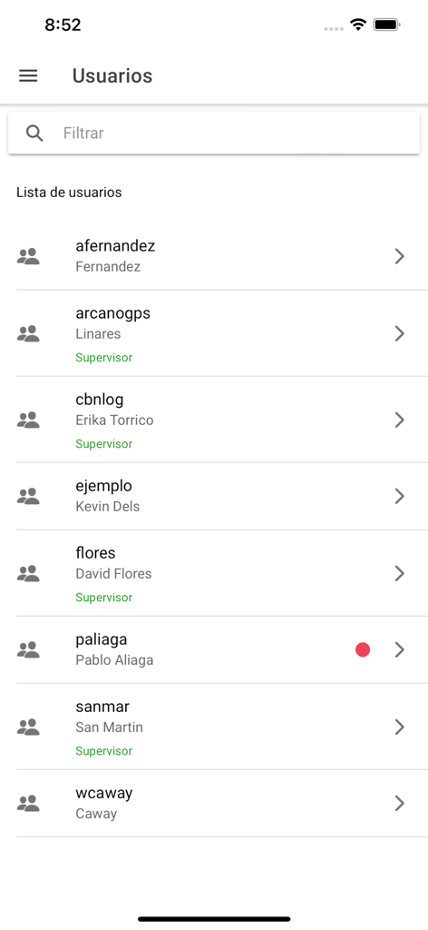 Rastreo GPS v2 - Interfaz de lista de usuarios que muestra cuentas y roles registrados en la aplicación Rastreo GPS v2