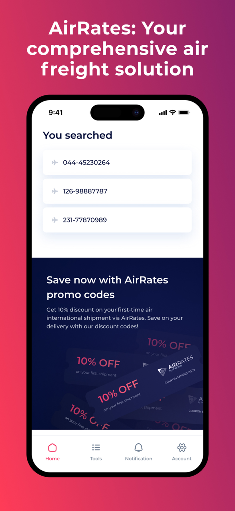 AirRates - Mobile screen of AirRates app showing air waybill search history and promotional discount codes for air freight.