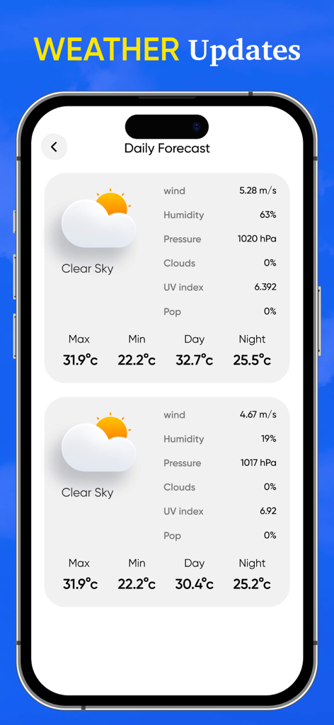 Real Thermometer & Temperature - Pantalla de pronóstico diario del tiempo en la aplicación Real Thermometer mostrando detalles de temperatura y humedad.