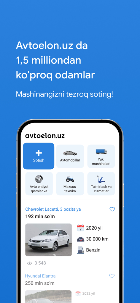 Avtoelon.uz — авто объявления - Mobile app interface of Avtoelon.uz showing car categories and vehicle listings in Uzbekistan.