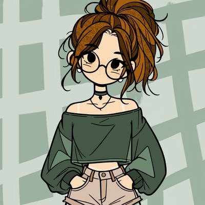 girl with a messy ponytail glasses a baggy crop top and jean shorts