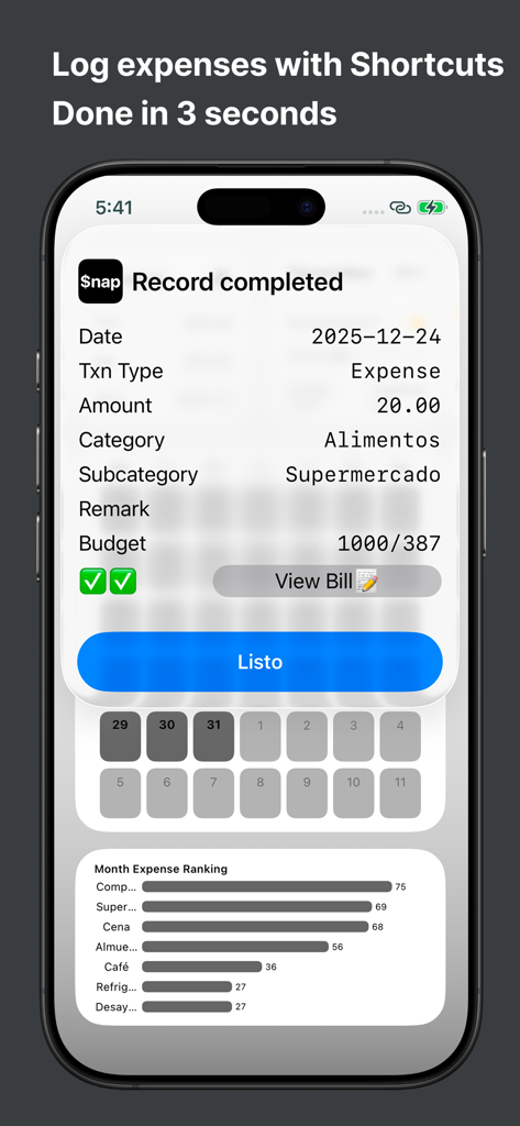 SnapKoin: Fast Expense Tracker - Smartphone screen displaying a completed expense record and a monthly spending bar chart