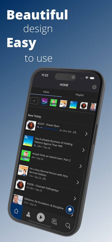 Pantalla de inicio de la app de podcasts Procast mostrando la bandeja de entrada con una lista de episodios nuevos en una interfaz de modo oscuro