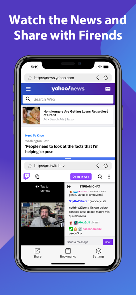 iPhoneの上部ウィンドウにニュースウェブサイト、下部ウィンドウにチャット付きTwitchライブストリームが表示されたスプリットスクリーンのビュー
