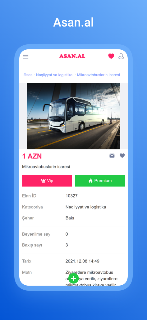 Asan.al - A listing for a bus rental on the Asan.al Azerbaijani classifieds app