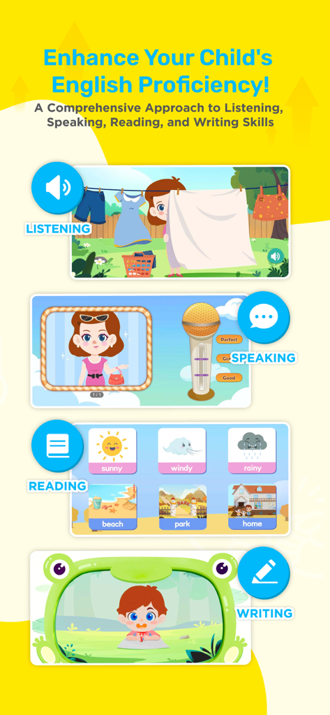 Interface educacional do aplicativo 51Talk focada em habilidades de escuta, fala, leitura e escrita em inglês para crianças