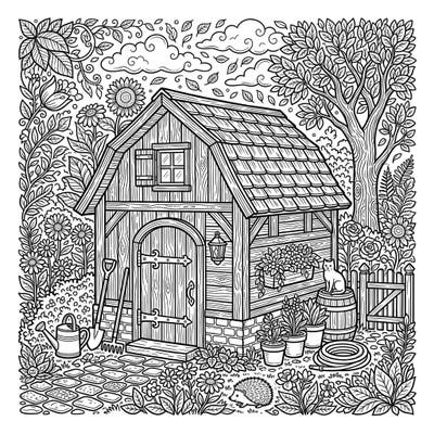 Step into a world of tranquility with this captivating adult coloring page featuring a charming small barn. Immerse yourself in the intricate details of a lush garden scene, perfect for mindful relaxation.
