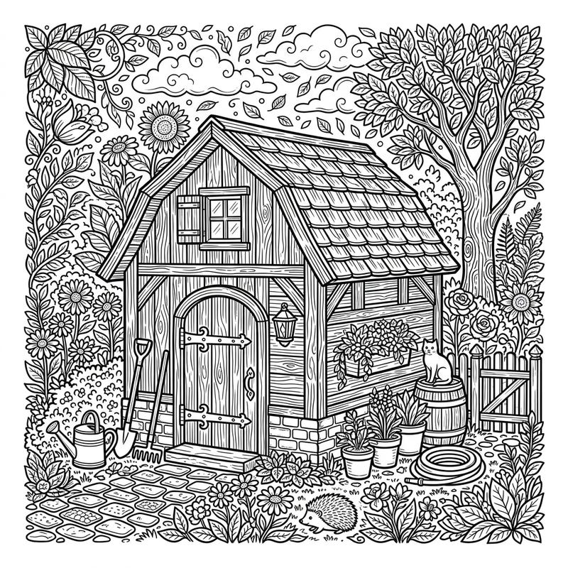 Step into a world of tranquility with this captivating adult coloring page featuring a charming small barn. Immerse yourself in the intricate details of a lush garden scene, perfect for mindful relaxation.
