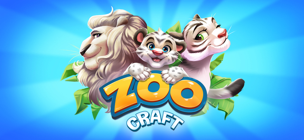 Zoo Craft - Animal Park Tycoon - Logotipo del juego Zoo Craft Animal Park Tycoon con un león blanco y cachorros de tigre blanco
