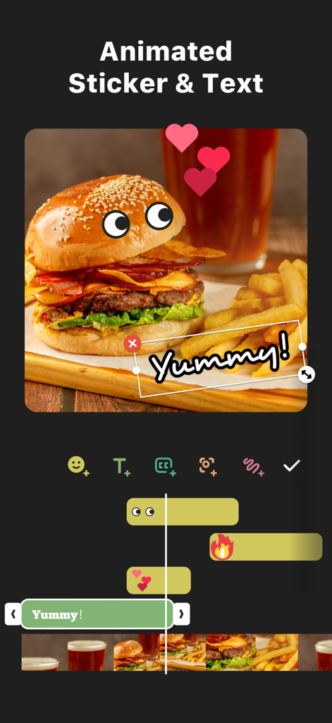 Oberfläche des InShot Video-Editors mit animierten Stickern und Text über einem Food-Video