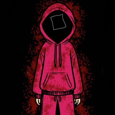 faceless girl in a tracksuit with a hood on and no hair