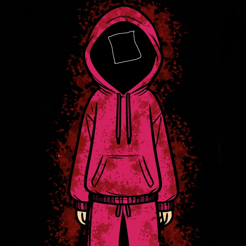 faceless girl in a tracksuit with a hood on and no hair