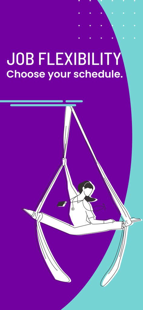 ShiftMed - Nursing Jobs App - ShiftMed 앱에서 직업 유연성과 일정 관리를 나타내기 위해 공중 실크를 하는 간호사의 삽화.