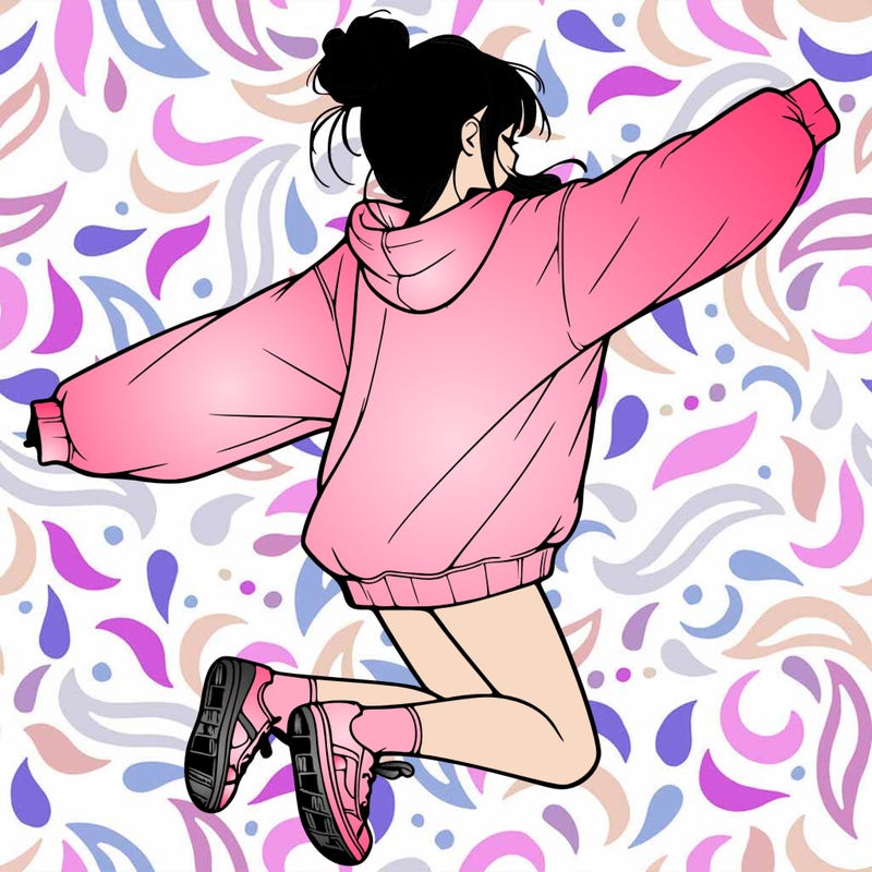 realistic girl jumping with a bun and oversized sweatshirt