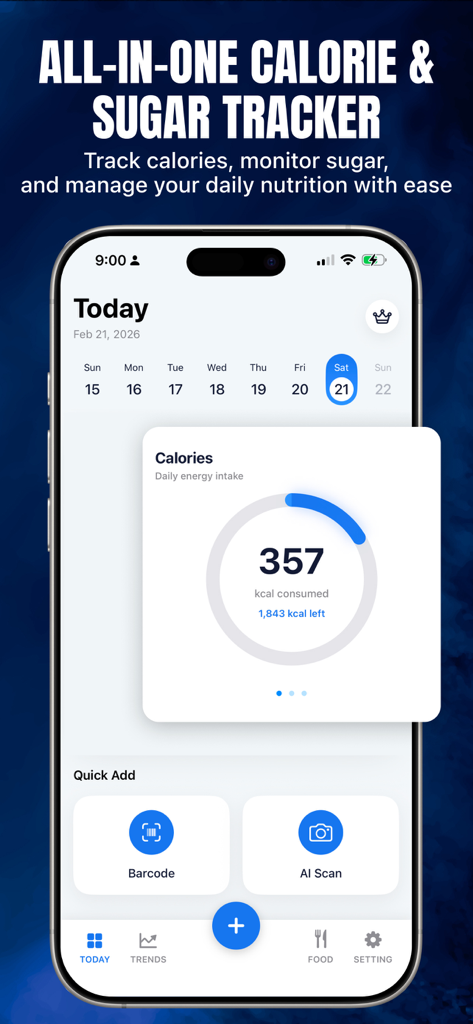 Calorie Deficit Tracker+ - Calorie Deficit Tracker plus app interface showing daily calorie intake and food logging options.