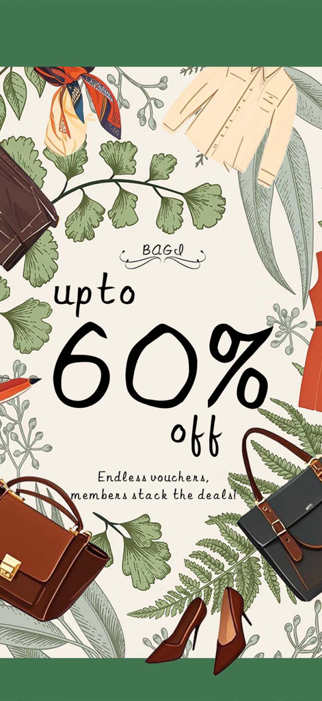BAGI - Promotional banner for BAGI app featuring up to 60 percent off with illustrations of handbags shoes and apparel