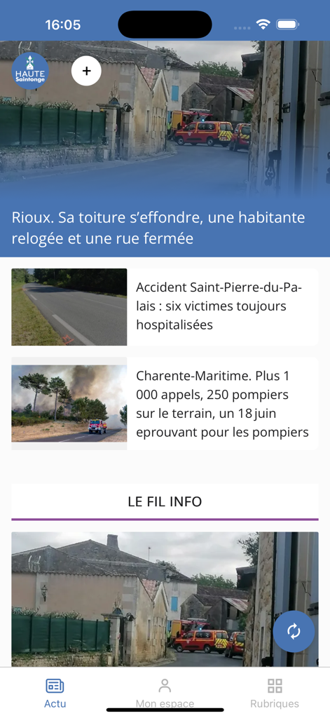 Interface mobile de l'application Journal Haute Saintonge affichant des articles d'actualité locaux et des titres de la Charente Maritime.