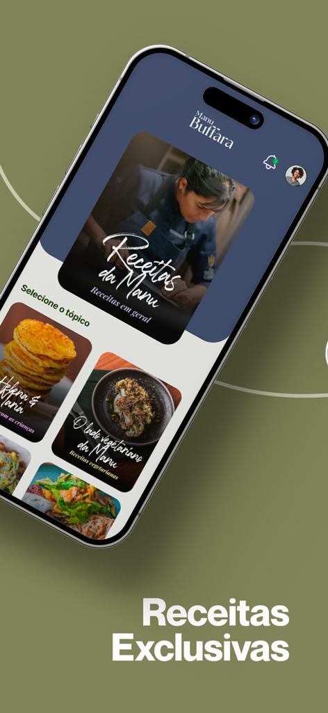 Manu Buffara - Mobile screen of the Manu Buffara app showcasing exclusive recipe categories