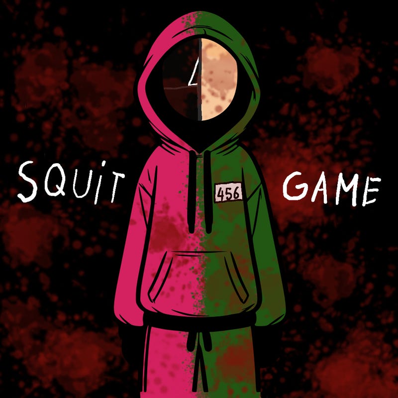 faceless girl in a tracksuit with a hood on and no hair