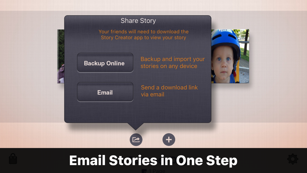 Interfaccia dell'app Story Creator che mostra le opzioni di condivisione via email e backup online per le storie dei bambini