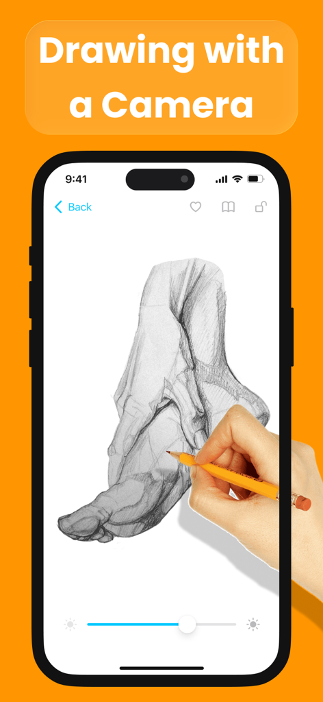 A hand using a pencil to trace a foot sketch projected on a phone screen via an augmented reality drawing app