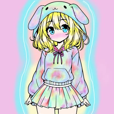 pretty anime girl wearing a fluffy hoodie with bunny ears on the hood and a skirt