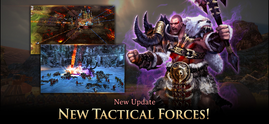 Promotional graphic for Rise of Firstborn showing a muscular hero and gameplay battle scenes for the New Tactical Forces update