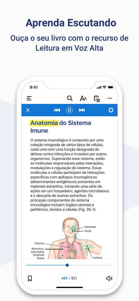 Mobile App-Oberfläche, die die Text-to-Speech-Funktion zeigt, die ein Anatomiebuch laut vorliest